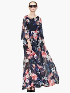 Robe longue fleurie multicolore chiffon imprimé fleuri plissé