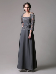 Robe mère de mariés A-ligne dentelle gris foncé longueur plancher