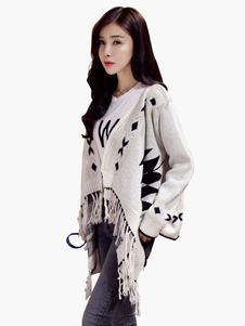 Attrayant cardigan bohémien écru blanc impression