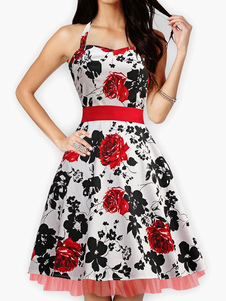 Élégente robe vintage rétro imprimé fleurie