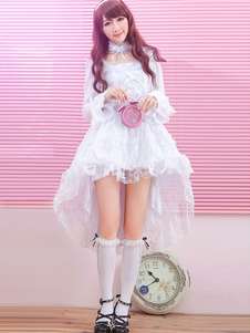 Robe Lolita douse charmante en polyester unicolore avec dentelle douse et col U