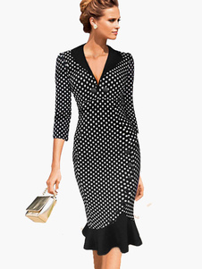 Robe vintage rétro noire à pois sirène col V