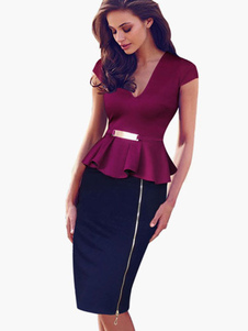 Col v Vintage femme Slim Fit faux deux pièces robe en mélange coton