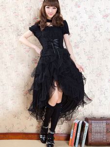 Robe Lolita élégante attirante en polyester unicolore multicouche douse avec col U