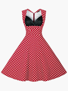 Robe vintage rouge rétro à pois bustier travail