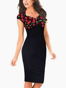 Charmante robe bodycon noir imprimé fruit fleuri