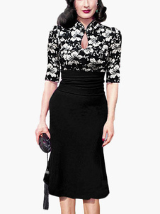 Charmante robe vintage rétro noire à pois col montant