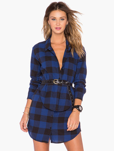 Belle mini robe en flanelle bleu à carreaux col V