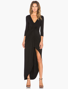 Robe longue unicolore coupe asymétrique col V
