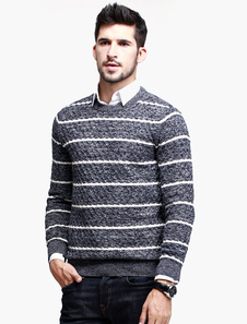 Pull homme coton gris fleuri moulant col ras du cou