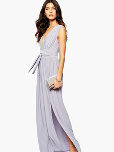 Robe longue lilas unicolore fendu avec noeuds col V