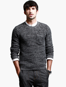 Pull confortable noir tissé moulant col ras du cou