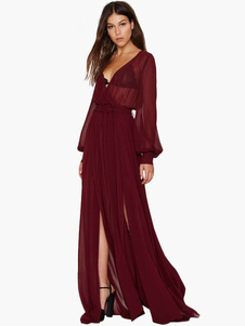 Robe longue bordeaux unicolore fendu col V