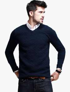 Pull confortable bleu foncé avec tricot moulant col V