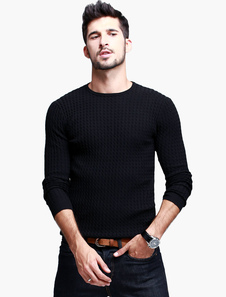 Pull homme noir avec tricot moulant col ras du cou