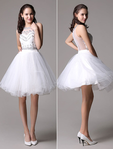 Robe de cérémonie A-ligne en tulle blanc longueur genou