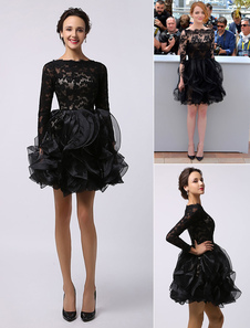 Robe Festival de Cannes noire A-ligne en organza dentelle mini