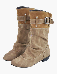 Bottes mi-mollet fait main à bout rond en micro daim