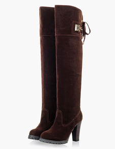 Cuissardes à talons épais en micro daim fait main en tissu