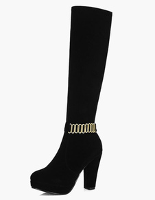 Bottes à talons épais en micro daim ornement métallique