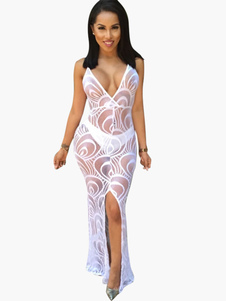 Robe de club blanc à demi-transparence fendu col V