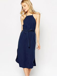 Robe d'été bleue unicolore fendue col ras du cou