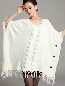 Cape manteau lapin cheveux boule v-cou surdimensionné tricoté frangé