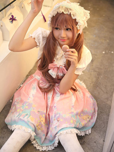 Robe à bretelles lolita en chiffon impression avec noeud