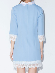 robe droite mode en chiffon bleu ciel clair dentelle revers embelli