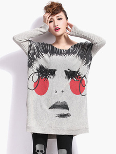Chic femme Pull style urbain gris imprimé de dessins animés