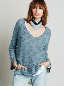 Attrayant pull féminin bleu unicolore fendu