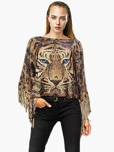 pull féminin havane imprimé animal avec frange