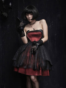 Bustier gothique en couches dentelle robe rouge Lolita Satin Tulle