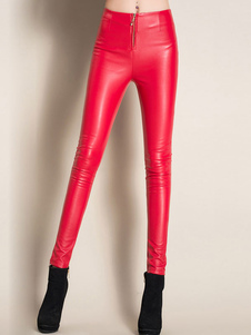 Leggins pour femmes rouges casual style cuir verni