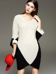Couleur bloc v-cou de jolies femmes tricoté robe