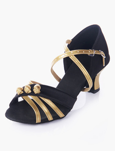 Chaussures de danse latine noir à talons épais semelle souple bout ouvert