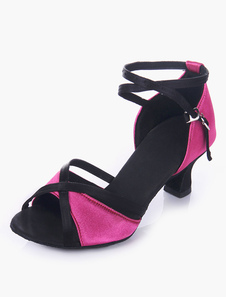 Chaussures de danse latine fuchsia à talons épais bout ouvert