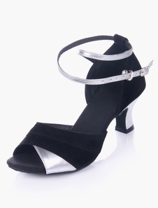 Chaussures de latine noir à talons épais semelle souple peep-toe