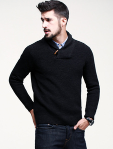 Pull homme 100% coton noir avec tricot moulant col à revers