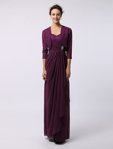 Robe mère de mariés A-ligne pourpre encolure en coeur avec strass