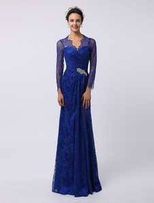 Robe mère de mariés A-ligne dentelle bleu roi avec strass