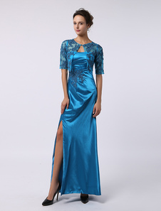 Robe mère de mariés fourreau bleu encolure coeur dentelle