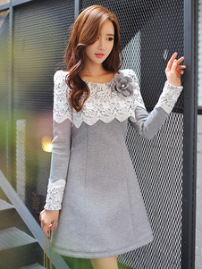 Robe skater doux coton gris color-block dentelle