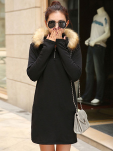 Robe droite casual convenable en fausse fourrure à capuche