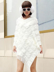 Pull féminin style urbain blanc avec frange surdimensionné