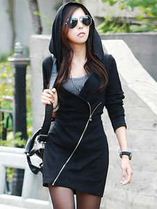 Pull de sport coton noir avec zip coupe asymétrique col V