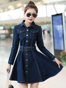 Vintage collier Turndown manches longues poches Denim évasé robe