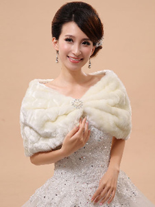 Sans manches fausse fourrure châle de mariage pour la mariée avec bouton strass