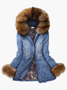 Cravate-fausse fourrure Antique femme de capuche manteau Denim