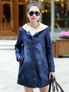 Causalité capuche longue manches poches bordures manteau Denim